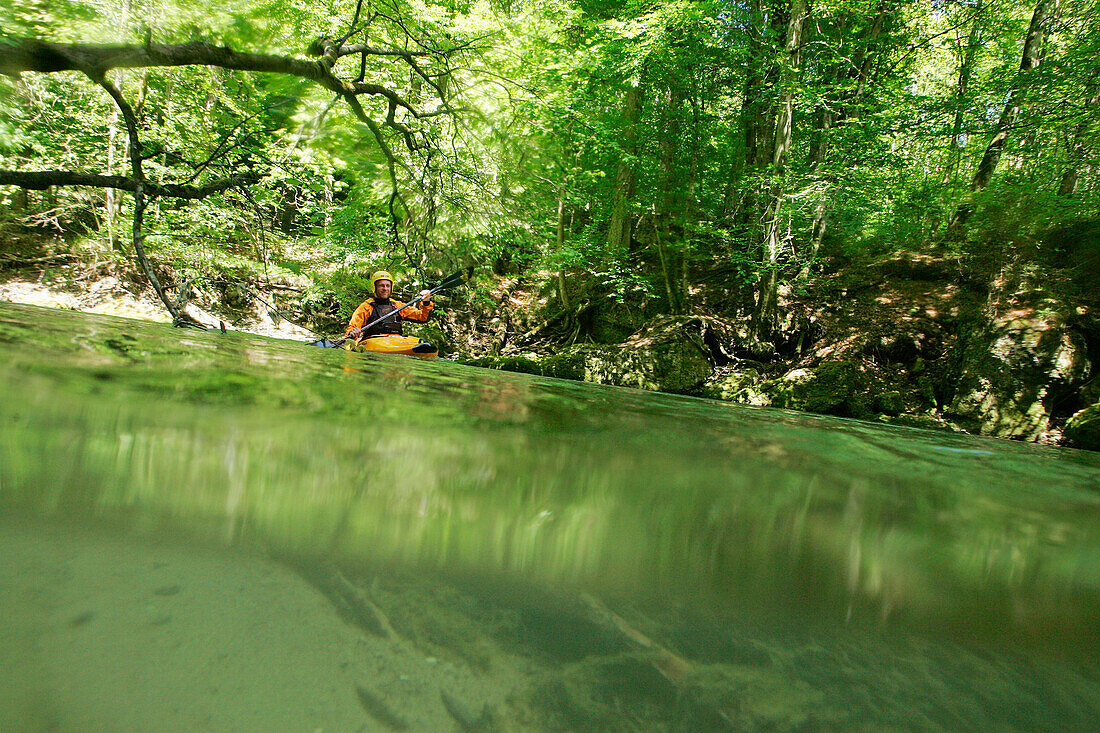 Kayaker on river Mangfall, Upper Bavaria, Bavaria, Germany, MR