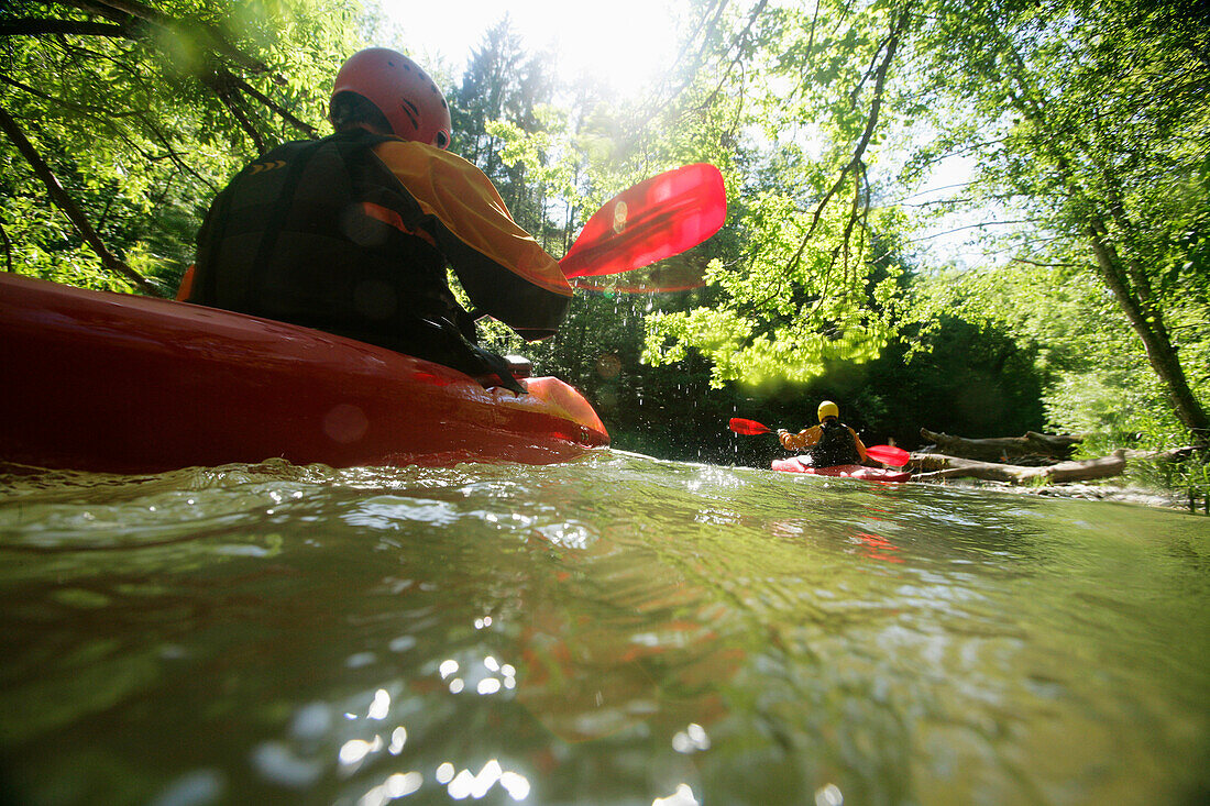 Kayakers on river Mangfall, Upper Bavaria, Bavaria, Germany, MR