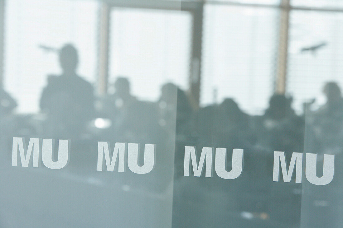 View through labeled pane to students during a course, Biozentrum of the Ludwig-Maximilians-University (LMU), Martinsried, Planegg, Bavaria, Germany