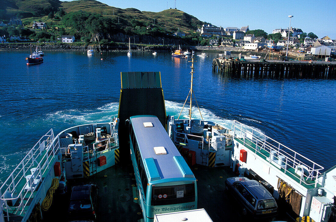 Cars and bus on ferry, Mallaig Harbour, Inverness-shire, Scotland, United Kingdom