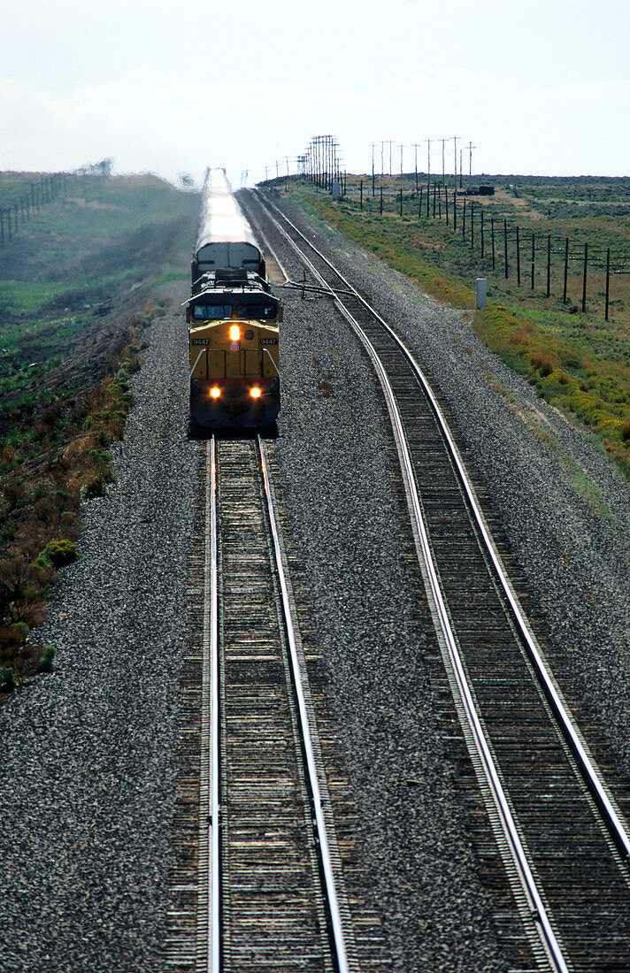 Train along Interstate 80. Wyoming. USA