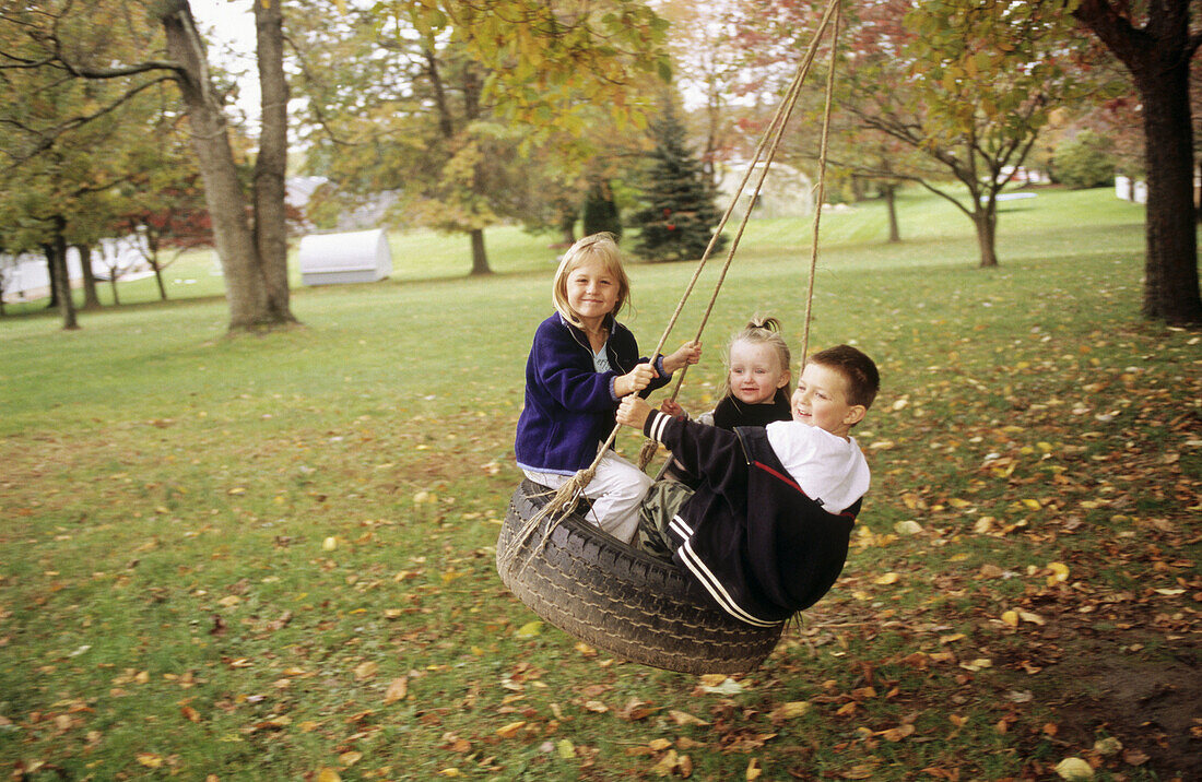 Children on tire swing. USA.