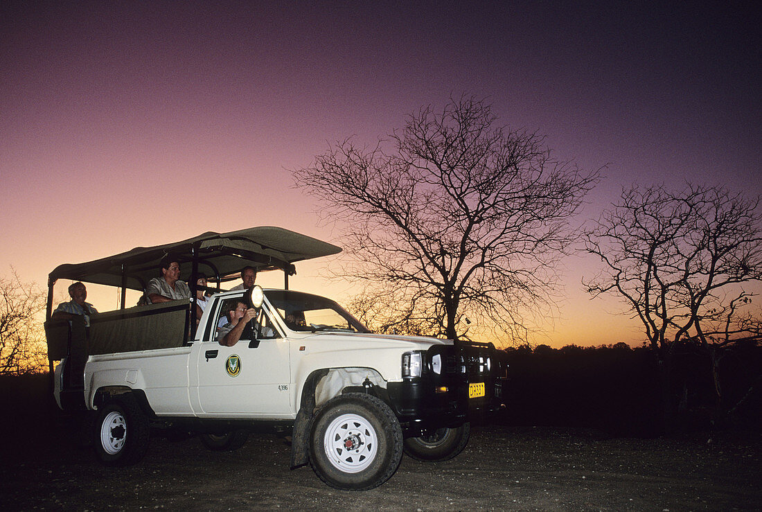 Kruger National Park Scene. Tourists on a night drive, Kruger National Park. South Africa
