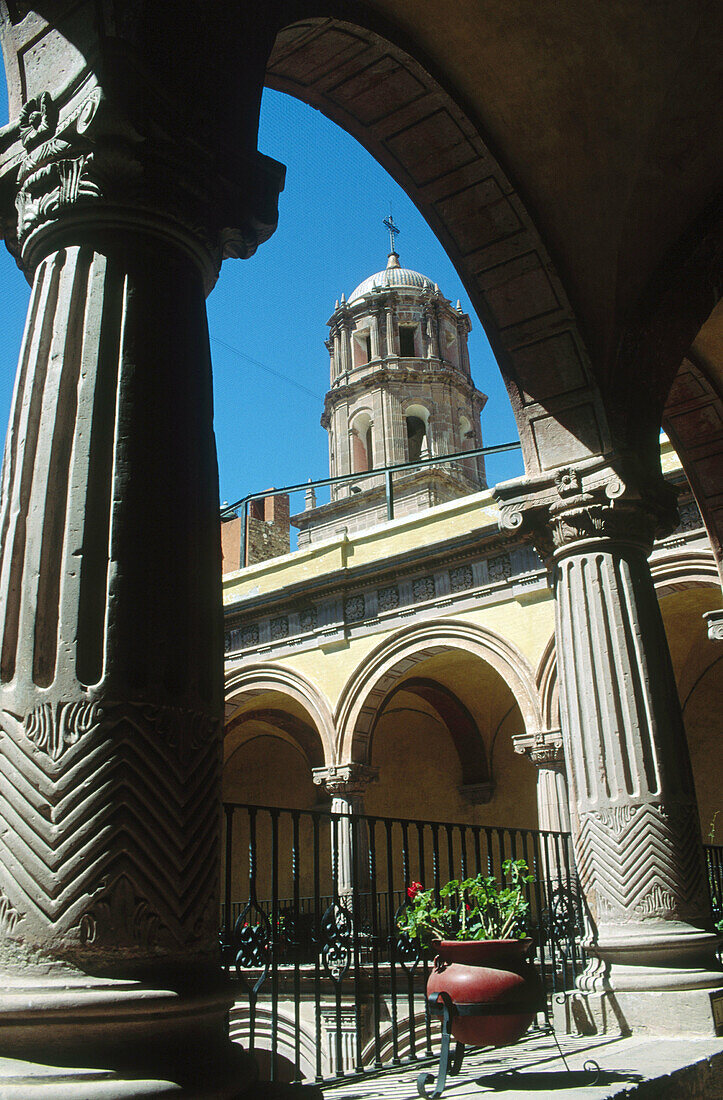 Regional Museum and church. Old San Francisco convent courtyard. Querétaro. Mexico.