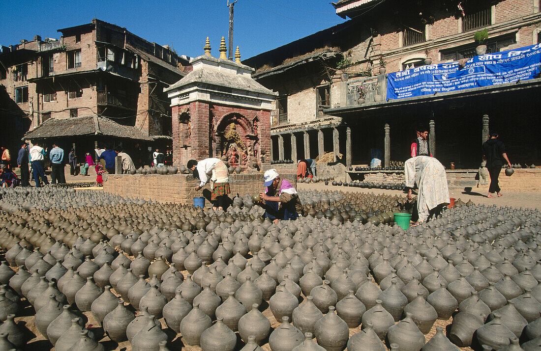 Pottery market, objects drying in the sun. Bhaktapur. Nepal.