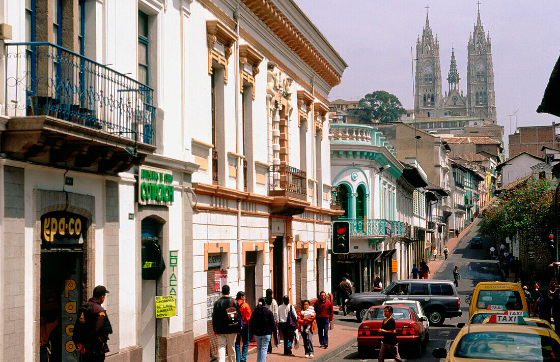 Calle Platero and Basilica del Voto Nacional. Casco Colonial. Quito. Ecuador