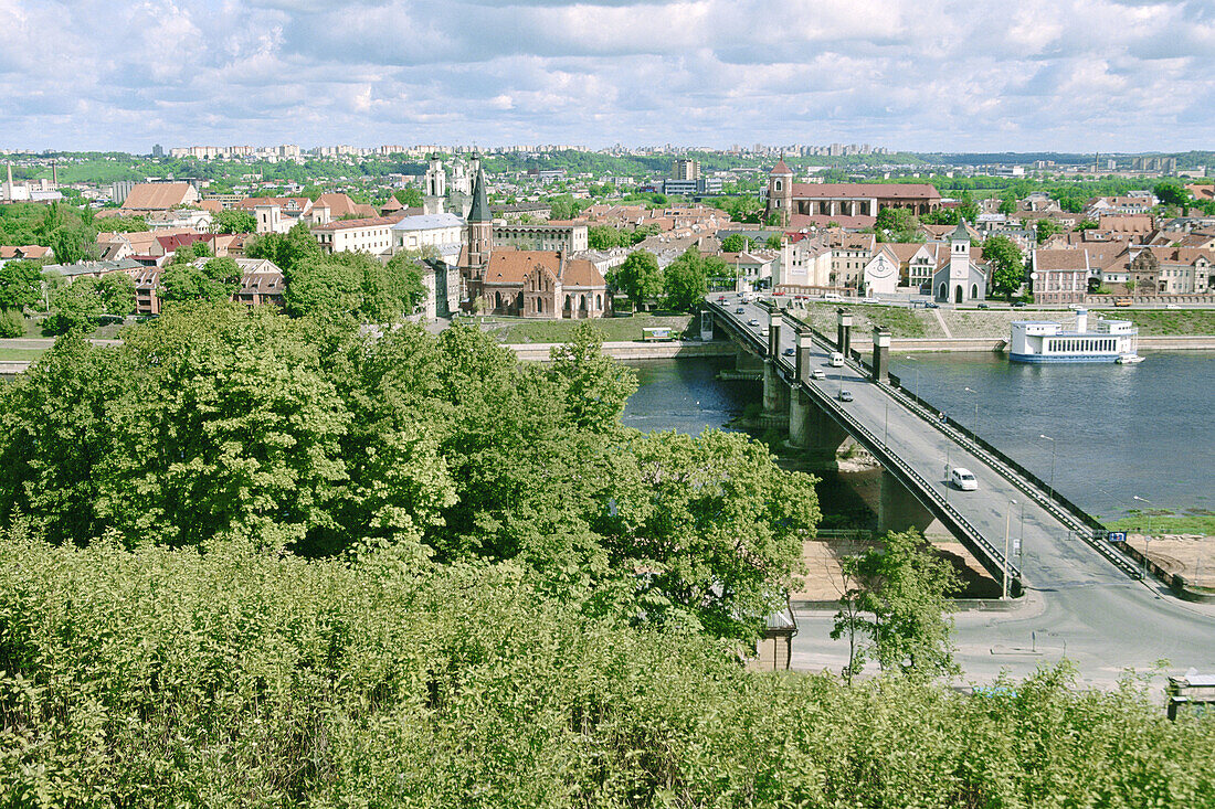 Old town view from Aleksotas view point. Aleksotas bridge and Nemunas river. Kaunas. Lithuania
