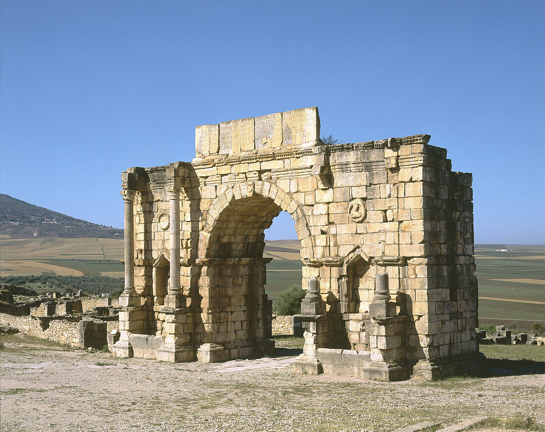 Triumph Arch. Roman ruins of Volubilis. Morocco