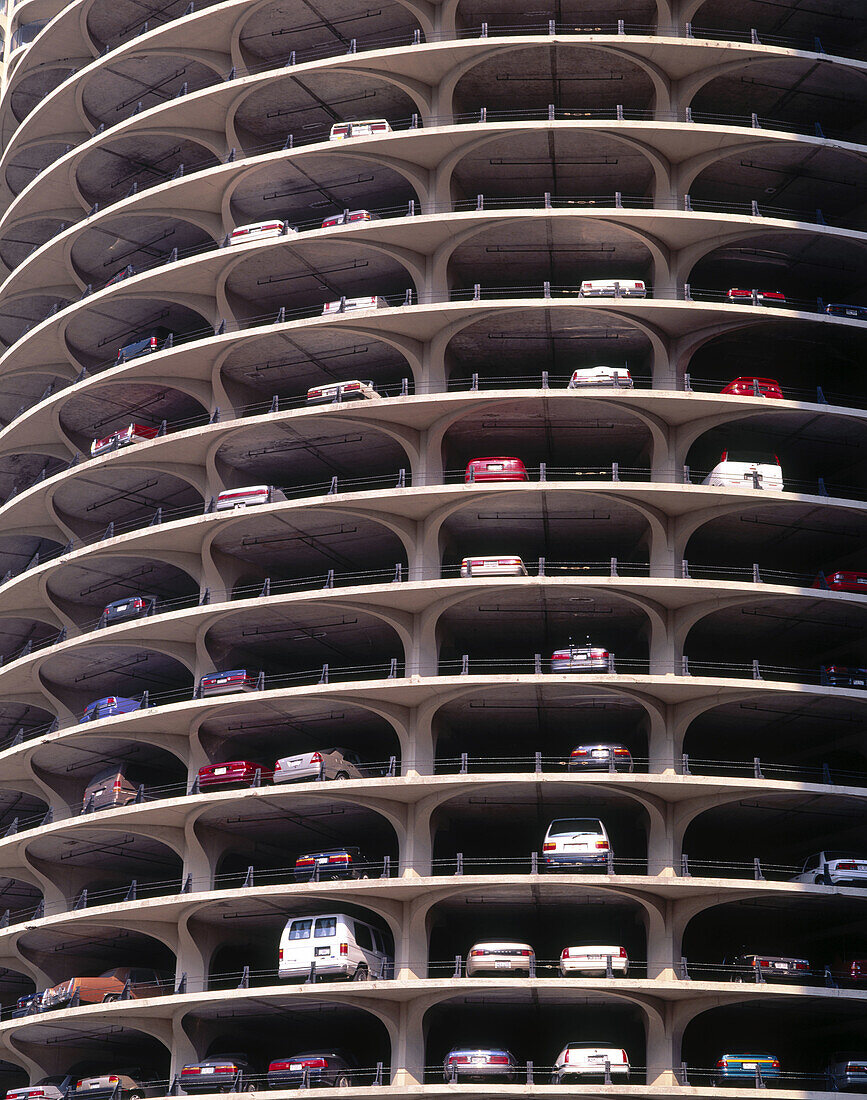 Parking detail. Marina City twin towers along Chicago River, Chicago, Illinois, USA