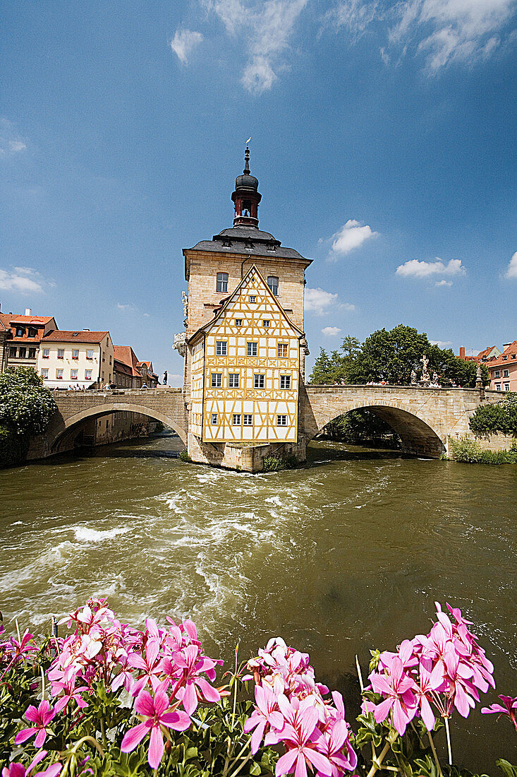 Germany, Bavaria, Bamberg, City Hall on a bridge over Regnitz river