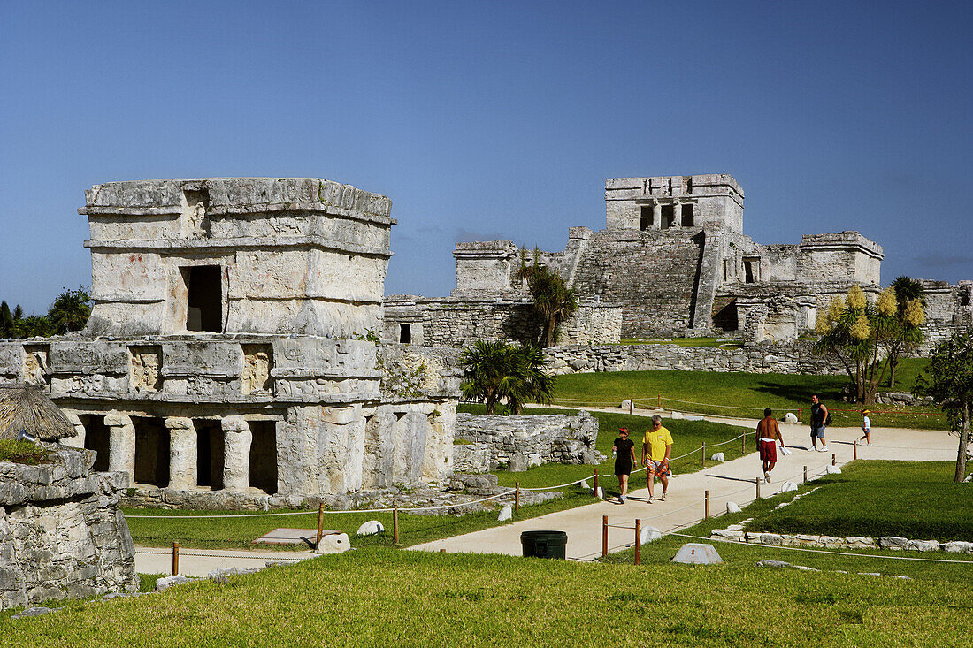 Paintings Temple and Castillo Bldg. Mayan ruins of Tulum. Maya Riviera. Quintana Roo, Mexico