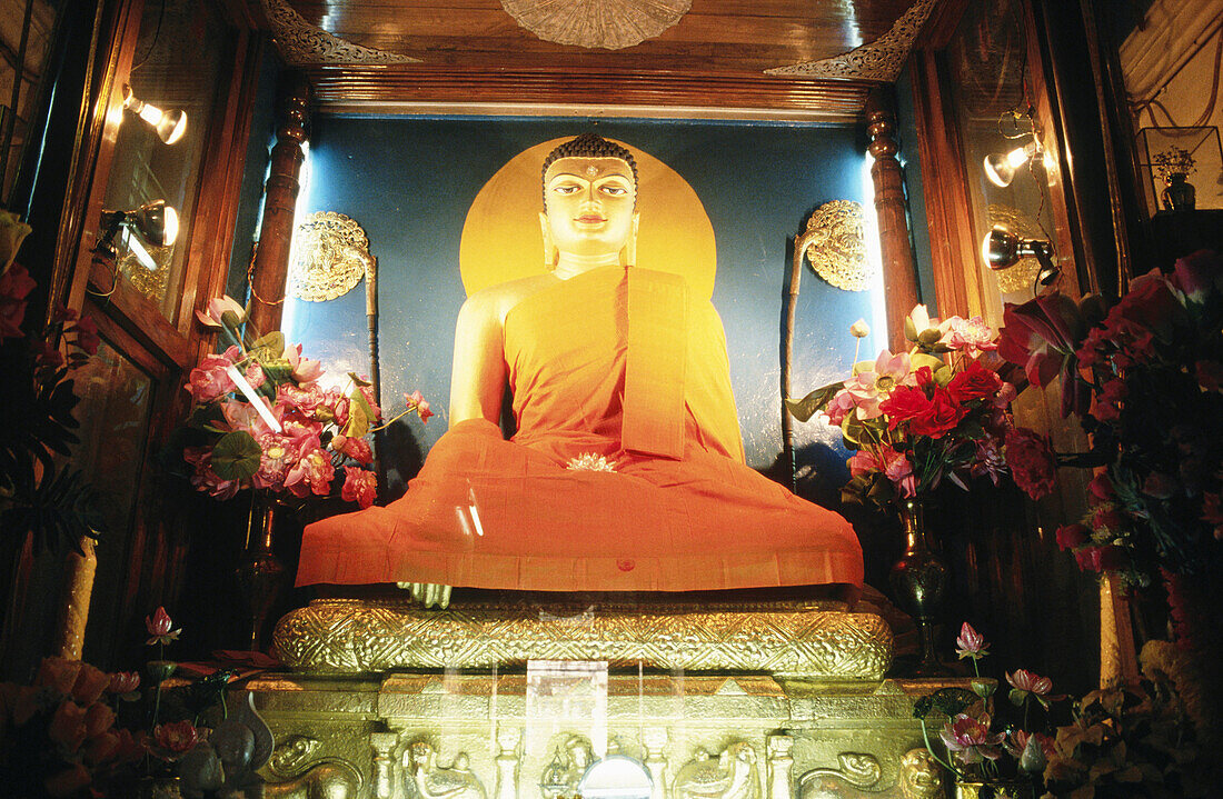 Huge gilded Buddha with hands touching the earth. Inside Mahabodhi Temple. Bodhgaya. Bihar. India