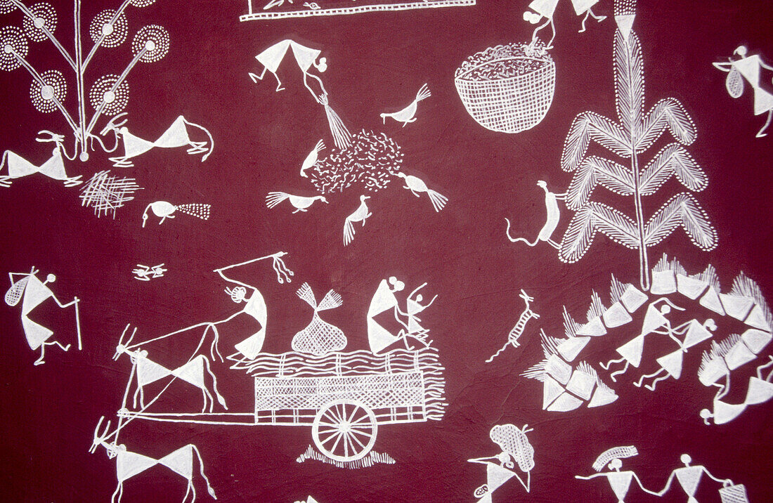 Warli wall painting. Handicraft. Maharashtra. India.