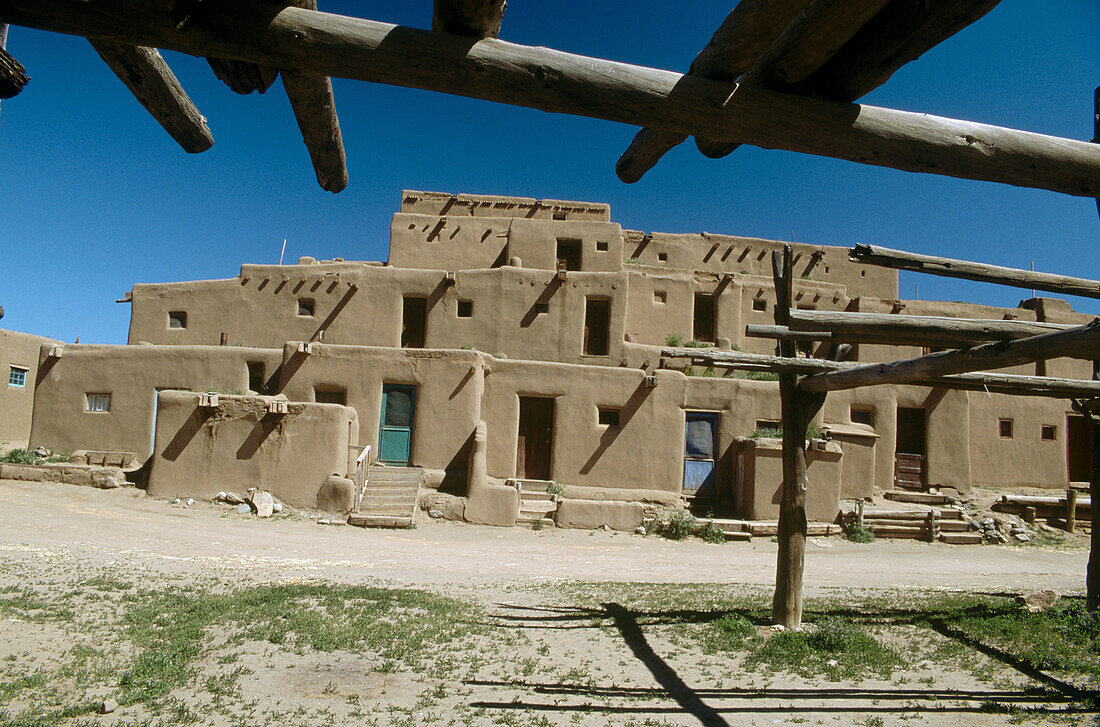 View of adobe buildings. Taos Indian Pueblo, Taos. New Mexico, USA