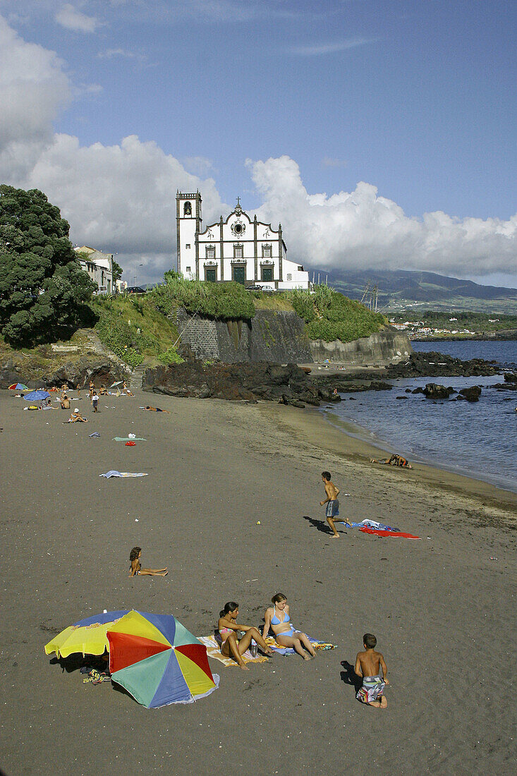 Church and beach in Lagoa, São Miguel island. Azores, Portugal