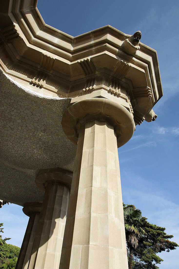Detail of columns at Park Güell (Gaudí, 1900-1914). Barcelona. Spain