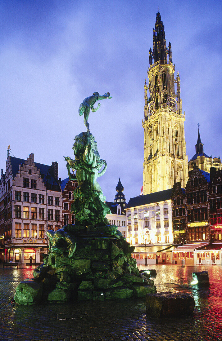 Cathedral of Our Lady and Brabo Fontein at Grote Markt. Antwerp. Belgium