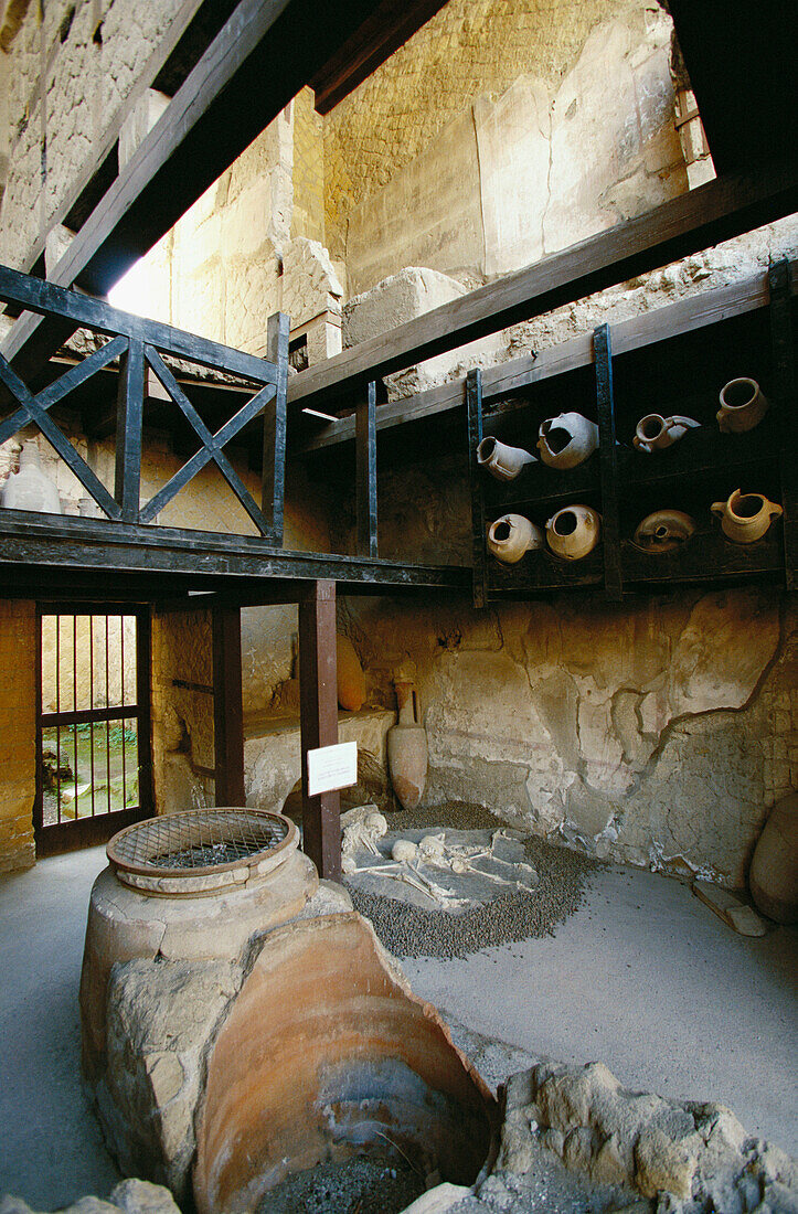 Ancient shop, House of Neptune and Amphitrite. Ruins of the old Roman city of Herculaneum. Italy