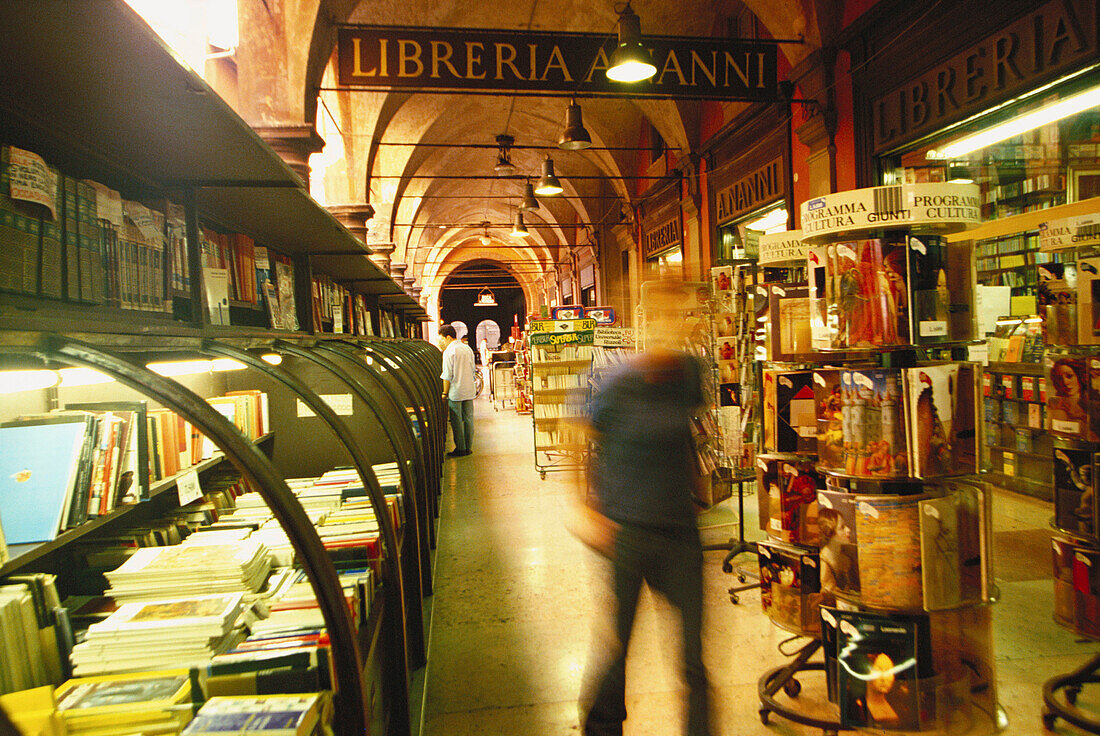 Bookshop in arcaded street. Bologna. Italy