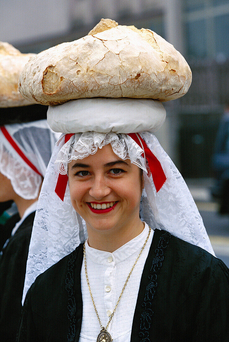 Woman with typical dress. Santiago de Compostela. La Coruña province. Spain