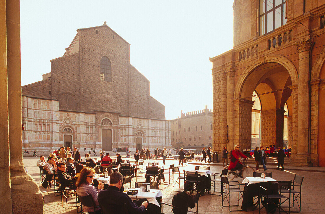 Piazza Maggiore (Main Square) with the cathedral of St. Petronio in background. Bologna. Italy