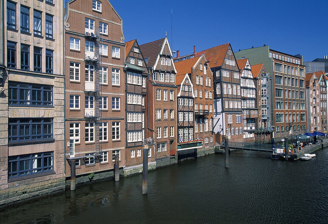 Deichstrasse s ancient gabled houses on the Nikolaifleet canal, Hamburg. Germany