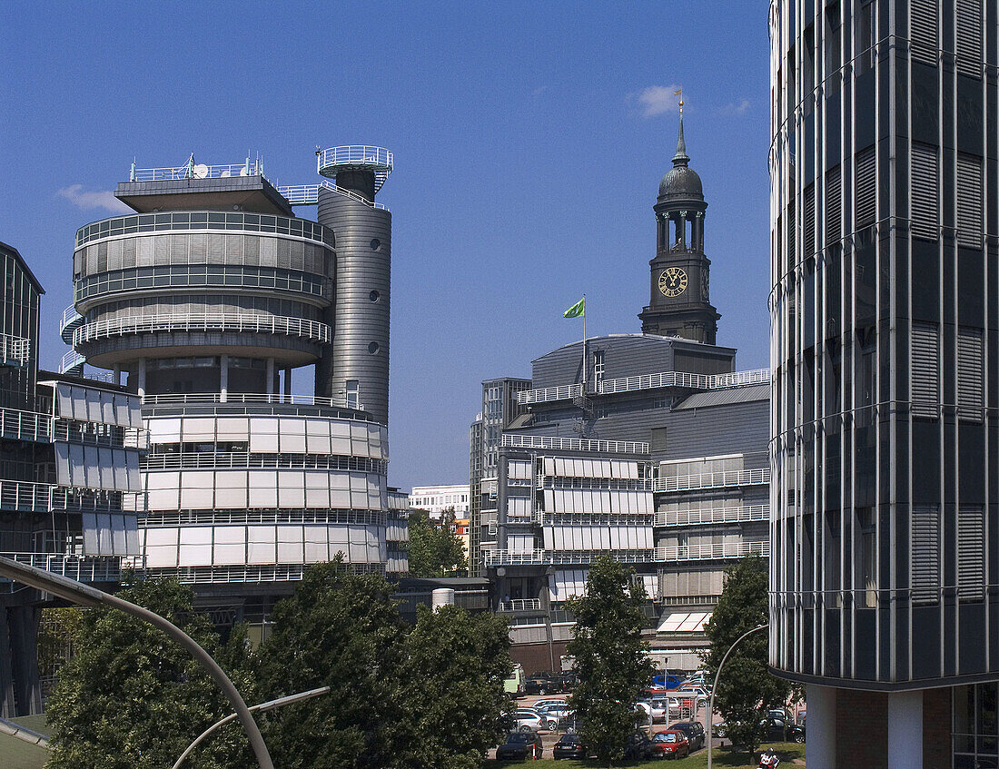 Gruner + Jahr building and bell tower of St. Michaeliskirche (Saint Michael’s Church), Hamburg. Germany