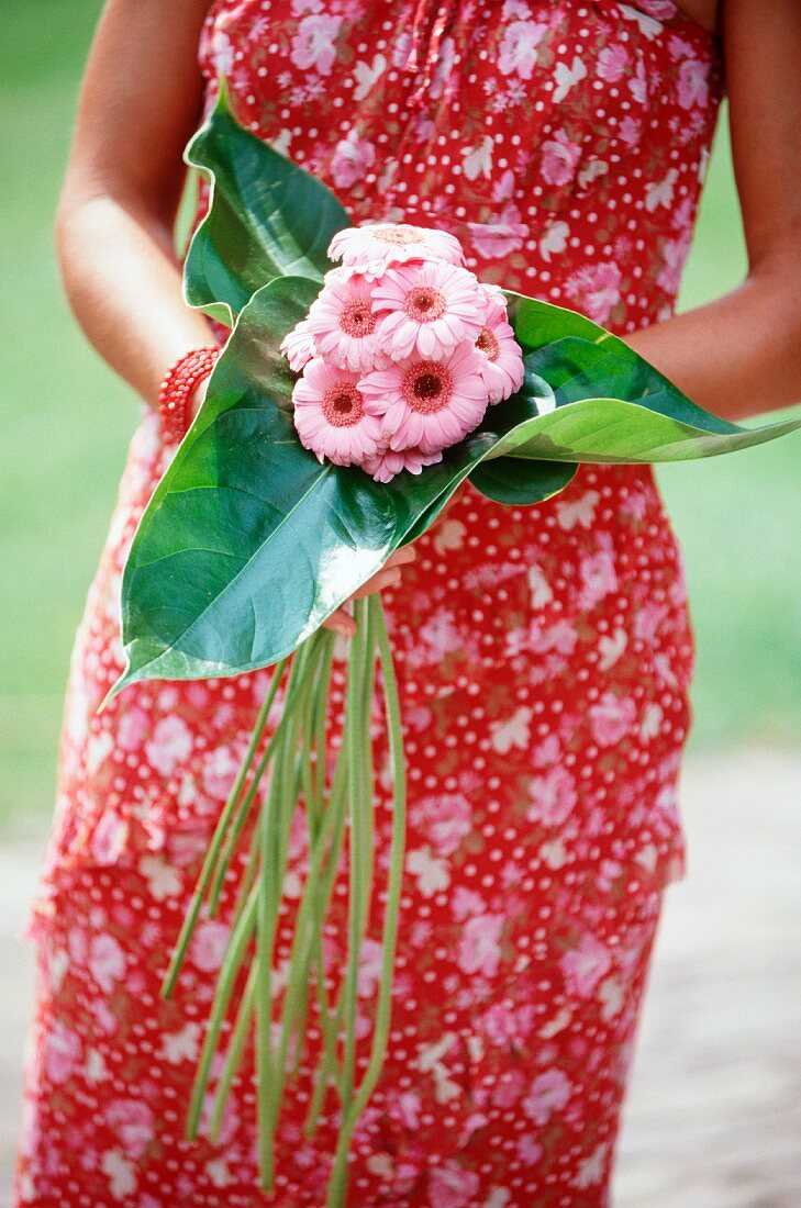 Hand holding a small bunch of gerberas