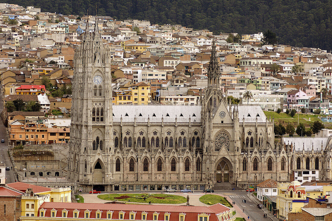 View of the town and basilica. Quito. Ecuador.