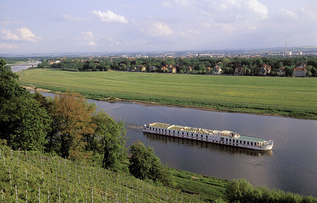 Boat along Elbe river at Lingner castle (UNESCO World Heritage). Dresden. Sachsen. Germany.