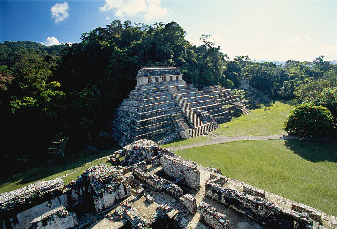 View of the Temples of the Cruz from the Tower of the Palace (UNESCO World Heritage). Palenque. Chiapas. Mexico.