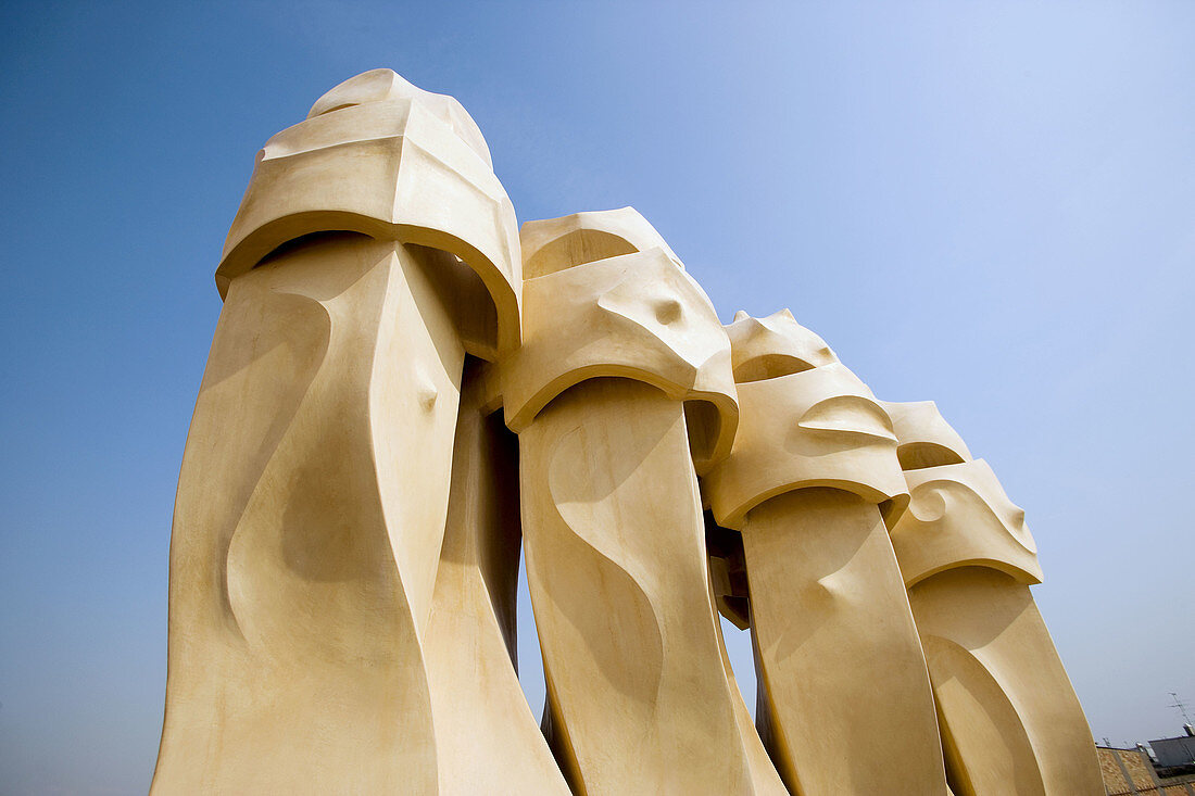 Roof chimneys of Milà House, by Gaudí. Barcelona. Spain
