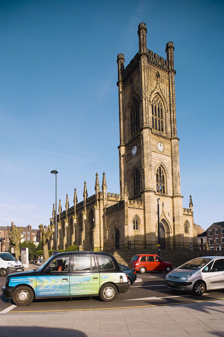 Taxi near St. Luke s Church. Liverpool. England, UK