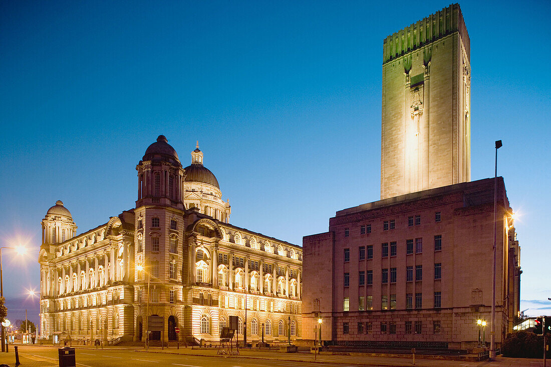 Mersey Tunnel Vent Shaft building and the Port of Liverpool Building. Liverpool. England, UK