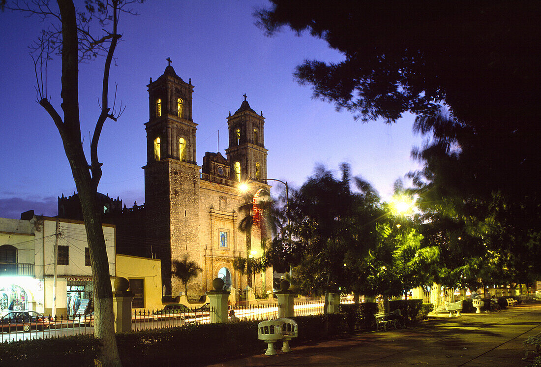 View of San Gervasio Cathedral from Main Square at twilight. Valladolid. Yucatan. Mexico.