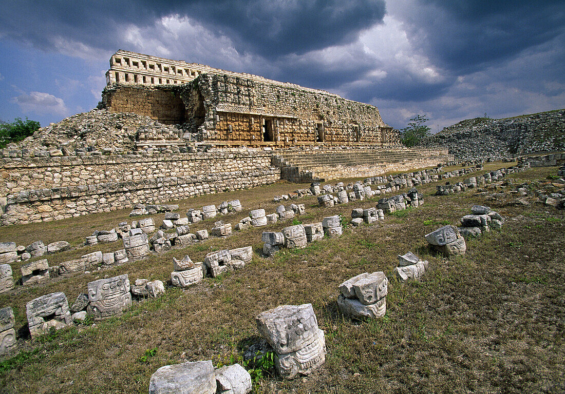 Puuc Road. View of the Masks Palace (Codz Poop). Kabah. Yucatan. Mexico.