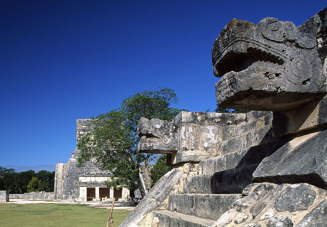 The Jaguar Temple from the Platform of Jaguars and Eagles (UNESCO World Heritage). Chichen Itza. Yucatan. Mexico.