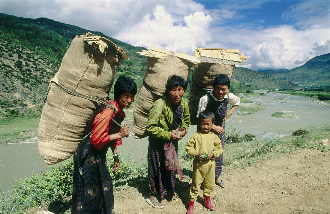 People. Paro river and valley. Bhutan.