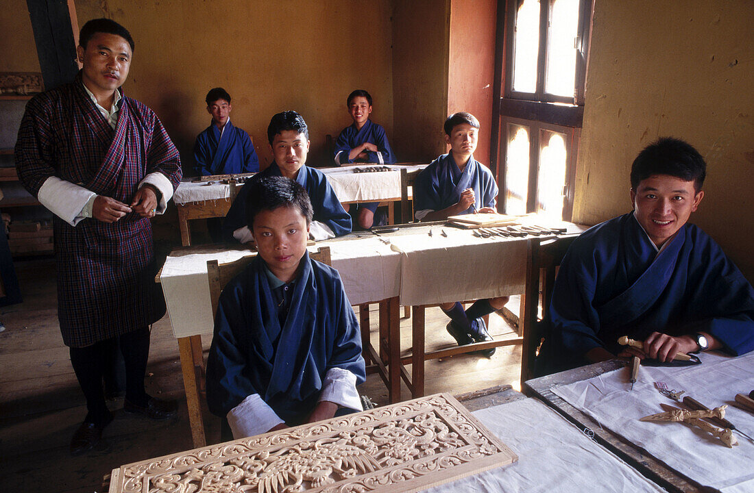 Woodcarving. Painting school. Thimphu. Bhutan.