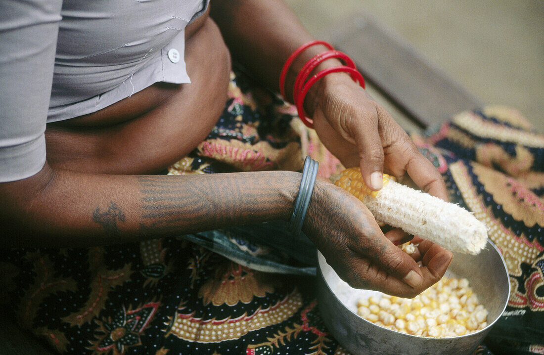 Tharu woman with a tattoo. Royal Chitwan National Park. Nepal.