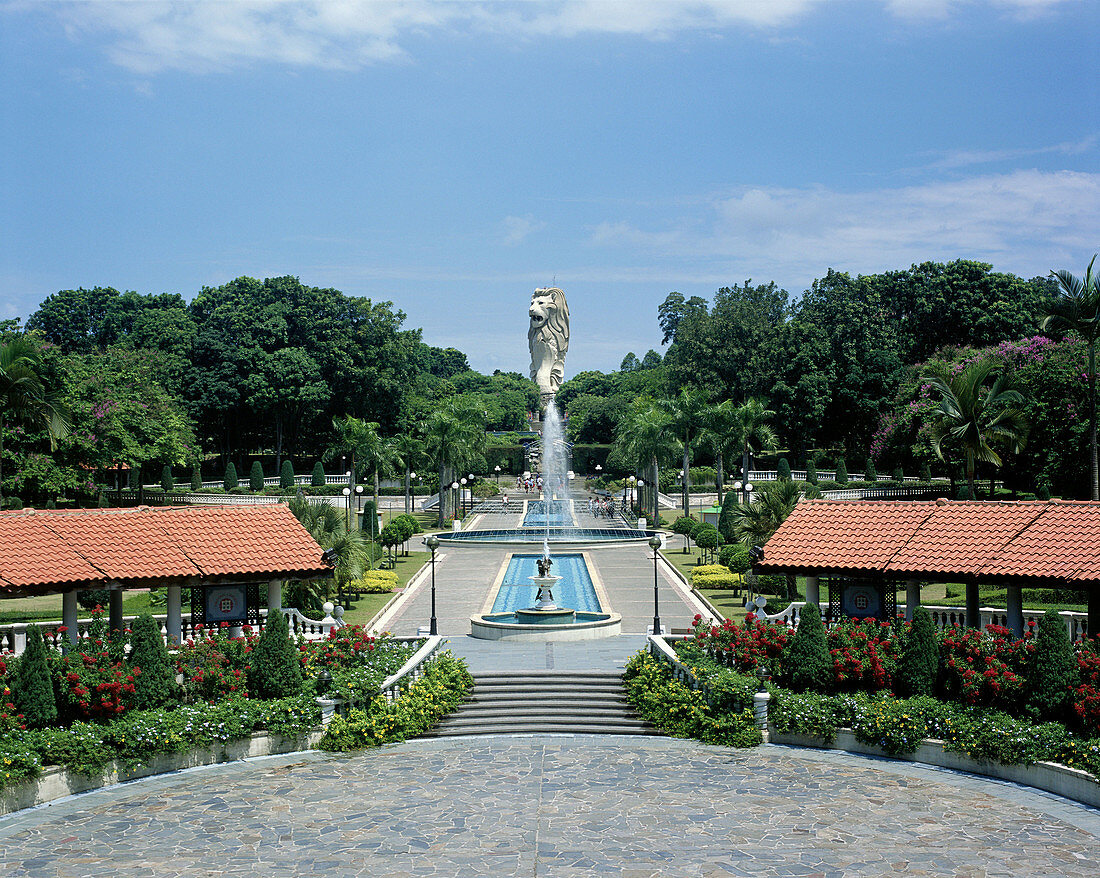 Merlion statue and ornamental gardens. Sentosa Island, Singapore