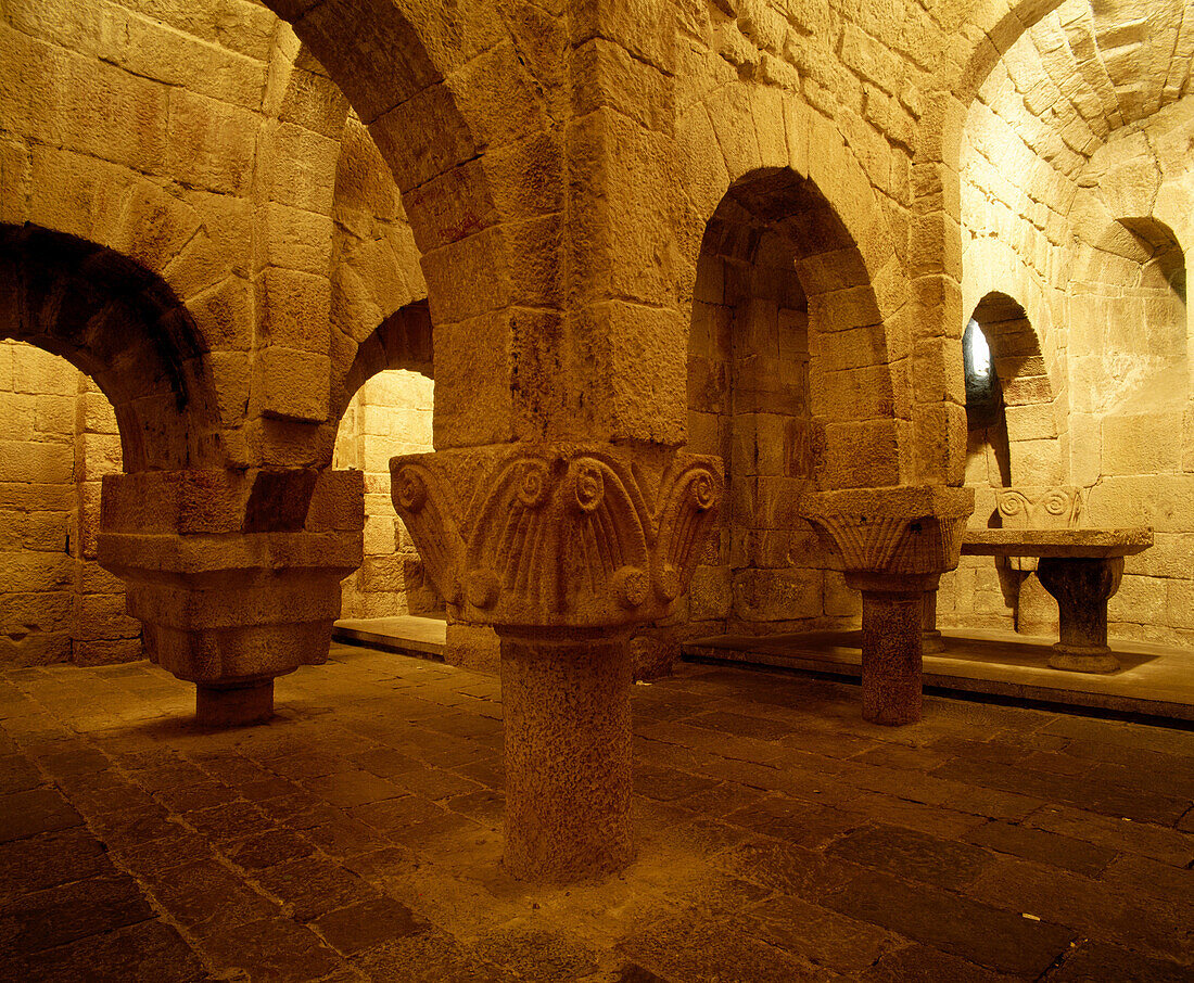 Romanesque Crypt. Leyre monastery. Navarre. Spain.