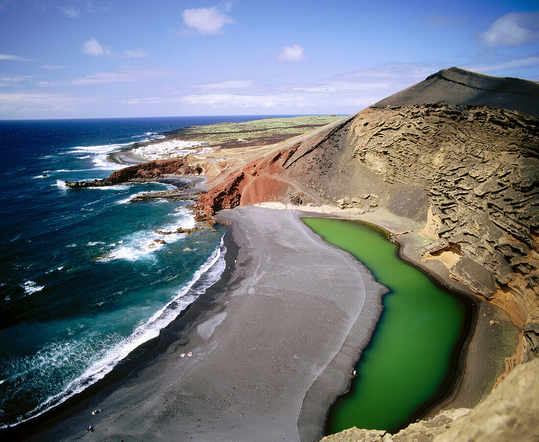 El Golfo green Lagoon. Volcanic beaches. Parque Nacional de Timanfaya. Lanzarote. Canary Islands. Spain