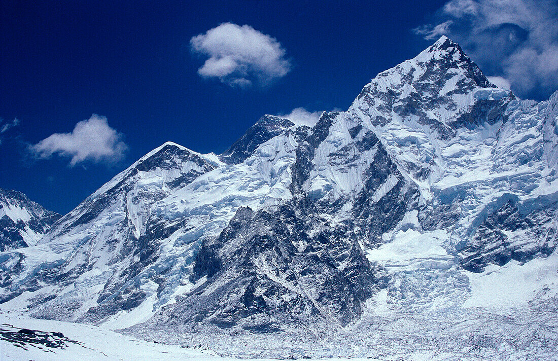 Mount Everest (center) and Nuptse (right). Himalayas. Nepal