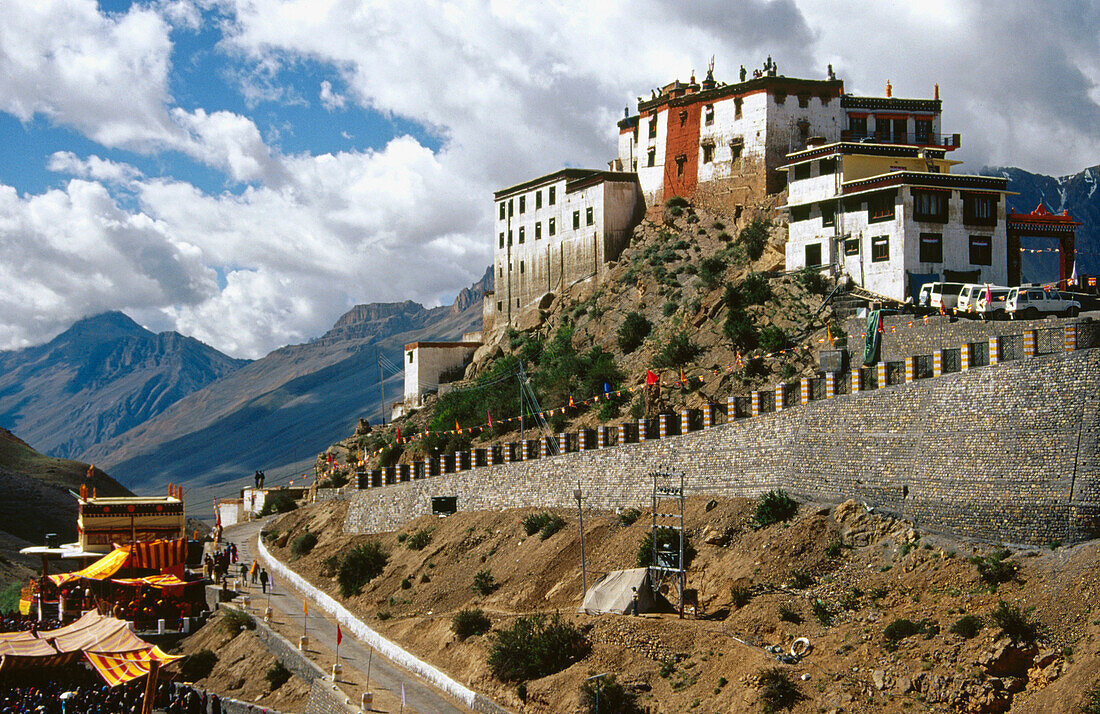 Ki Gompa Monastery decorated at Kalchakra Festival. Spiti Valley. India