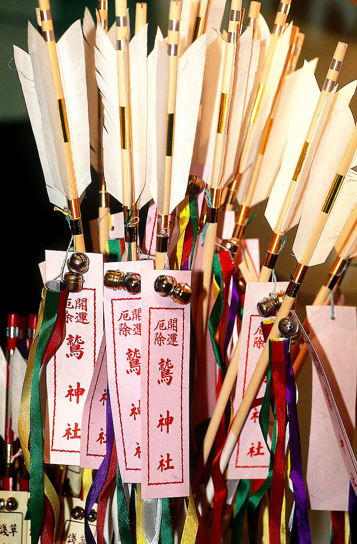 Arrows offerings for tori no ichi (new year festival) at Shinto shrine. Tokyo. Japan