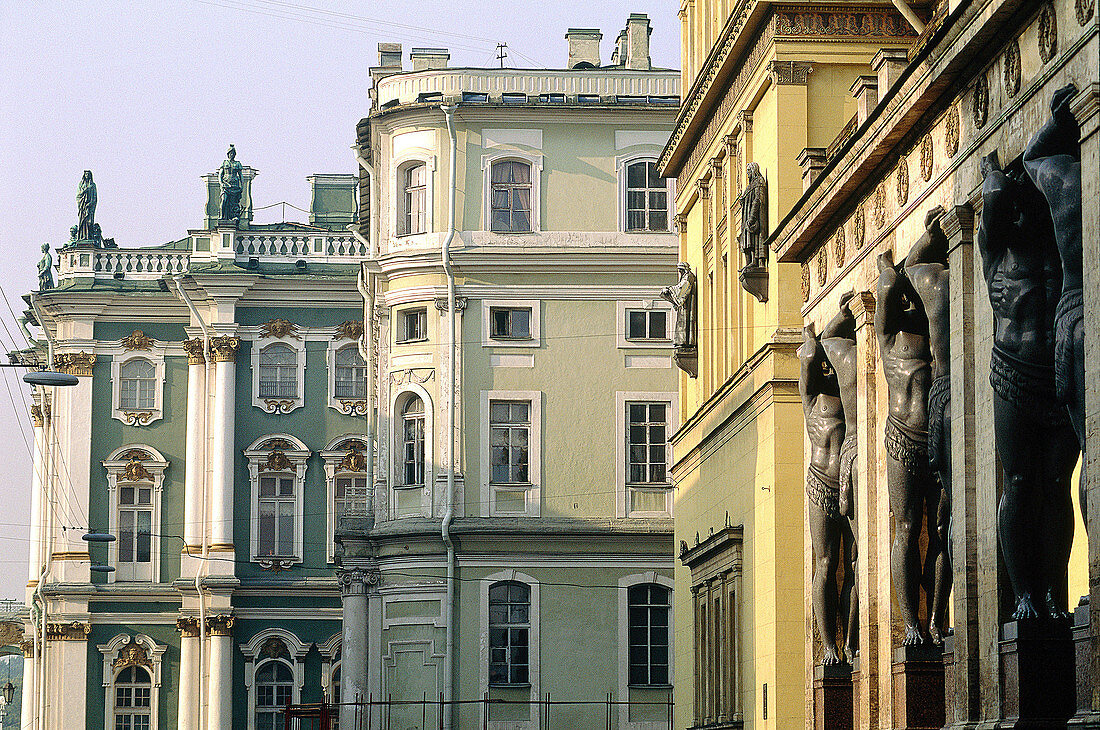 Atlants portico of Hermitage Museum in Winter Palace and facade to square. St. Petersburg. Russia