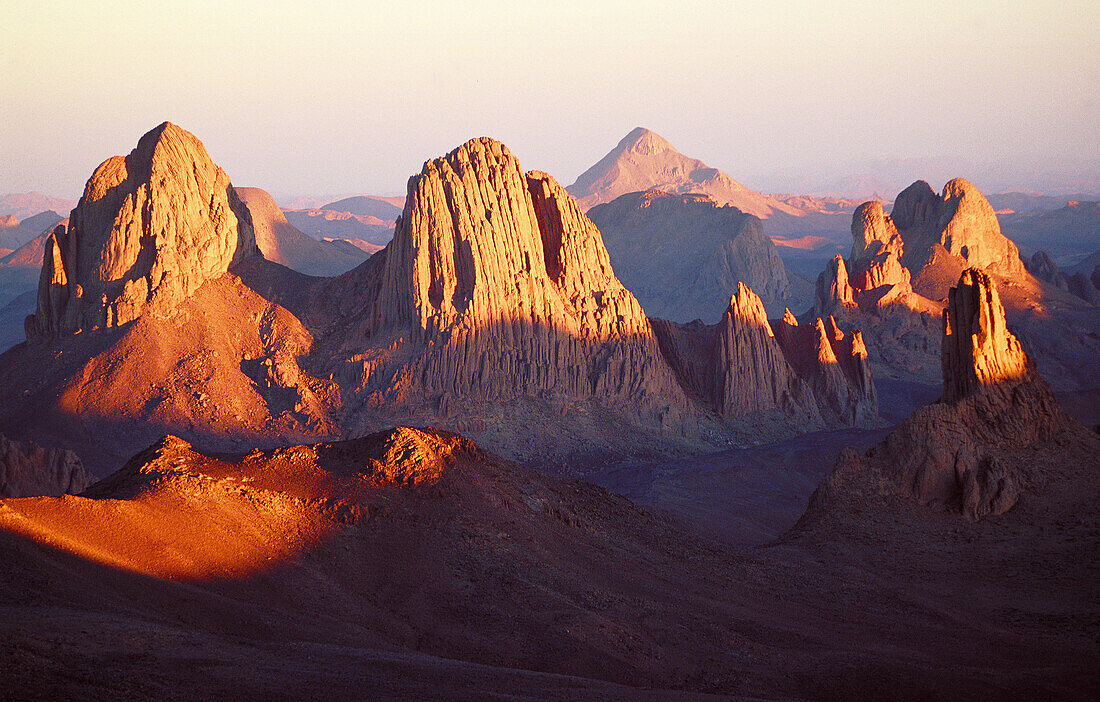 Atakor Mountains seen from father Charles de Foucault ermitage at sunset. Assekrem col. Hoggar, Sahara desert. Algeria