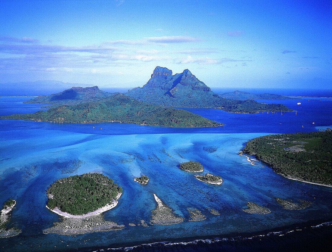 Aerial view of Bora Bora island and lagoon. French Polynesia