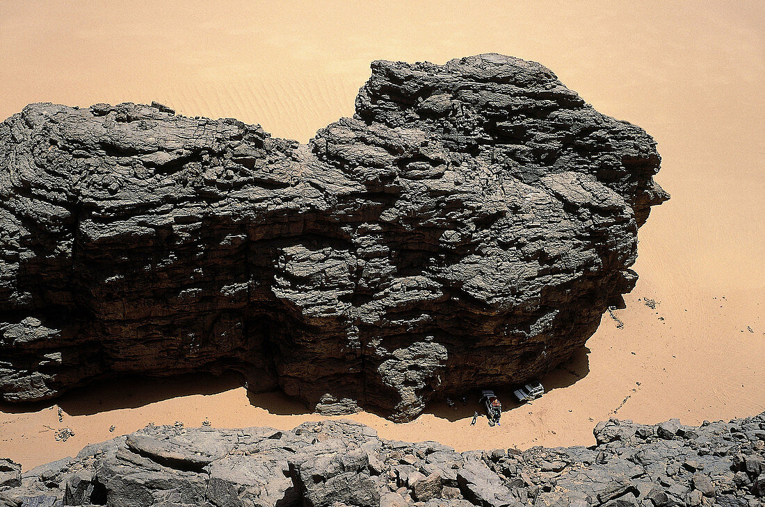 Black rocks seen from above. Tassili n Ajjer area, Sahara desert. Algeria